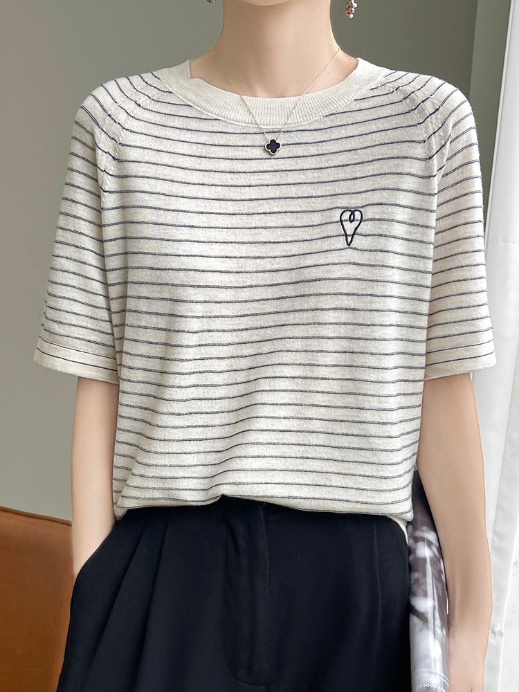 Summer Thin Raglan Sleeve Love Embroidered Striped Knitted Short-sleeved T-shirt Women's Ice Silk Knitted Sweater Tencel Round Neck Top