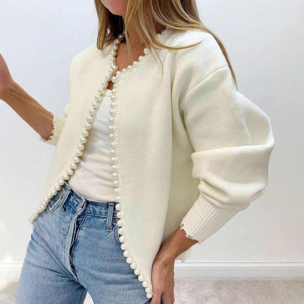 Cross-Border Foreign Trade 2025 Round Neck Pearl-Trimmed Knit Sweater Short Long-Sleeve Heavy-Duty Cardigan Fashion Coat for Women