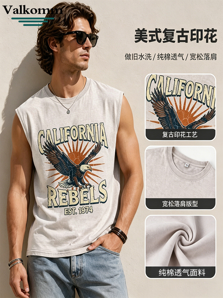 Laikemei American High Street Pure Cotton Washed Sleeveless T-Shirt Men's Summer New Loose Casual Sports Vest