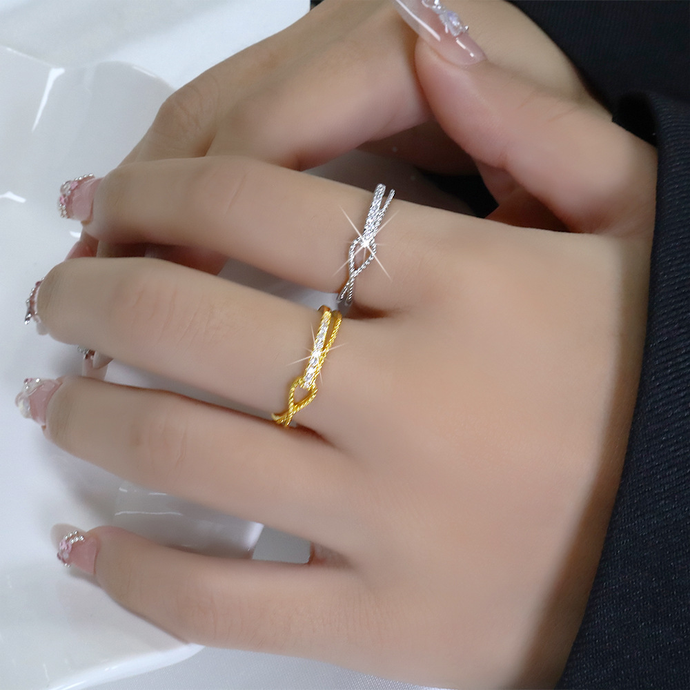 Ancient Cat Ning Niche Geometric Open Index Finger Ring Female Ins Trendy Popular Small Diamond Cross Knotted Personalized Ring