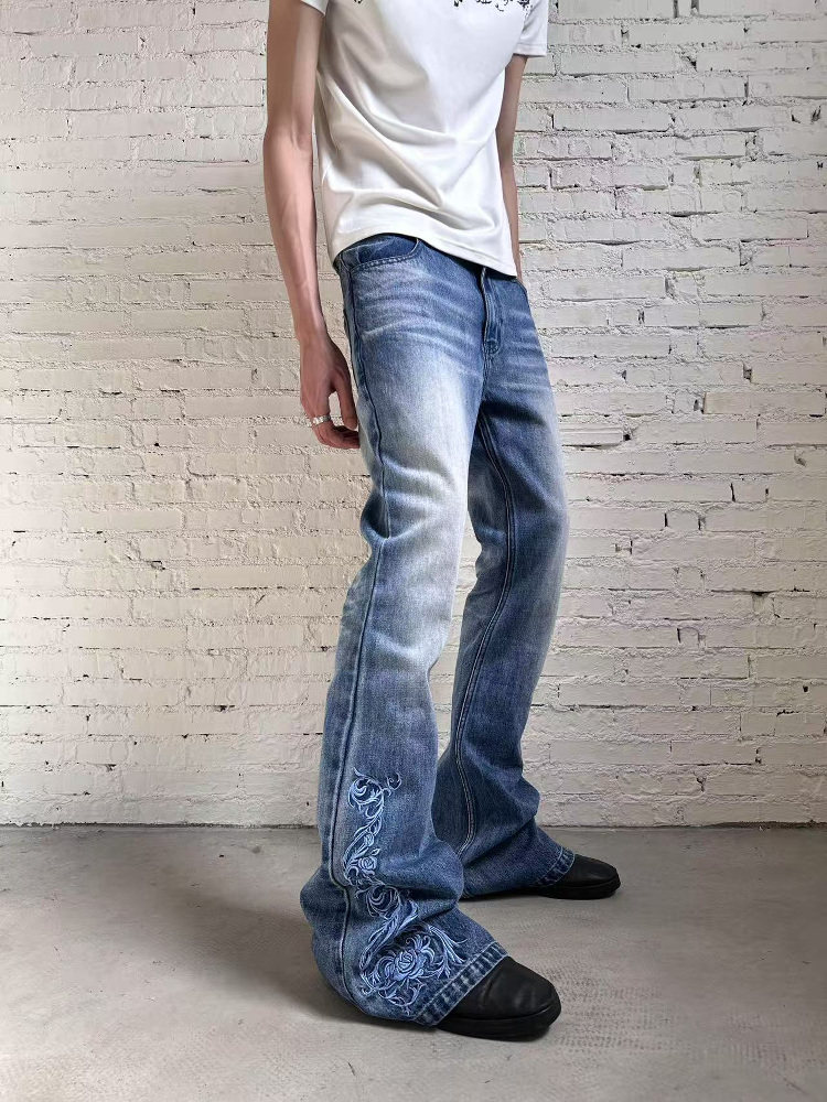 Fromtheisland (Fti) Washed Embroidered Flared Blue Denim Vintage Subculture Visual Style Pants QC-foto van TAOBAO op Qualit.ly