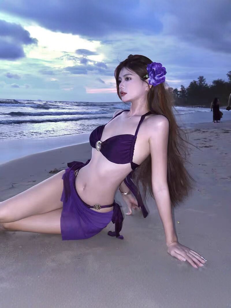 Korean Seaside Halter Bikini Women's Three-Piece Set, Small Bust Push-Up, Sexy Vacation Style, Pure Desire Style, Cross-Border Foreign Trade Swimwear