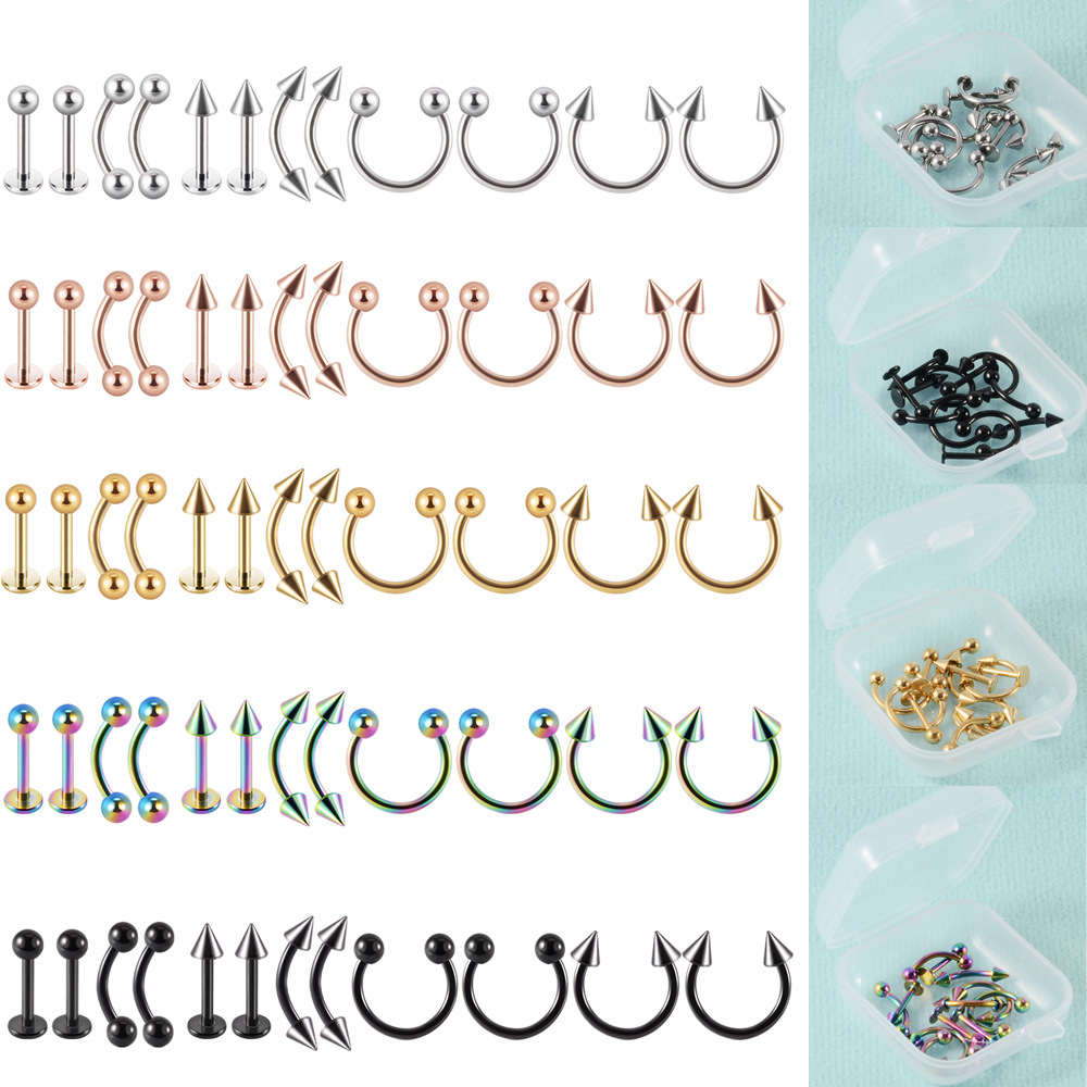 Cross-border stainless steel Basic Set boxed lip nails eyebrow nails horseshoe nose ring kit 12 C- shaped lip rings ear bones