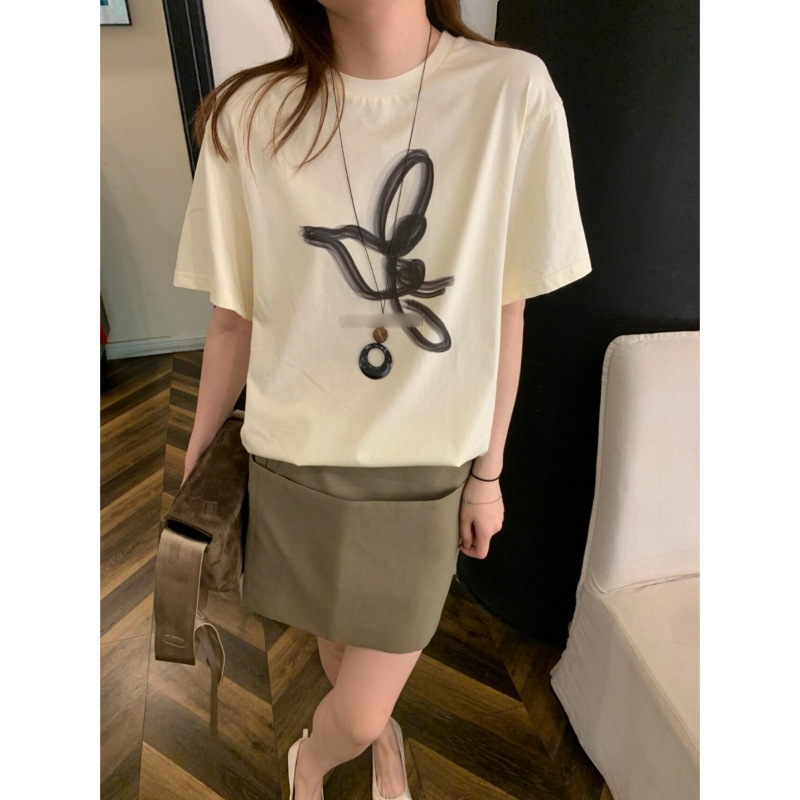 Longmei Loose Cotton Printed T-Shirt for Women 2026 Spring and Summer New Vkc Style Simple Casual Round Neck Short-Sleeved Top