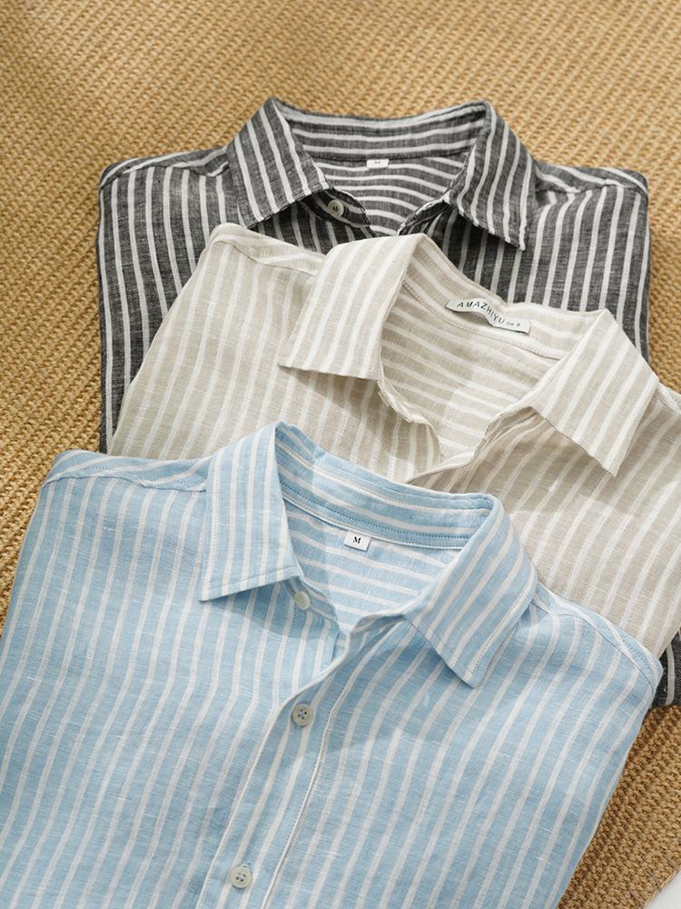 Old Money Style 100% Linen Contrast Striped Men's Long-Sleeved Shirt Spring and Summer New Holiday Casual Style Linen Shirt