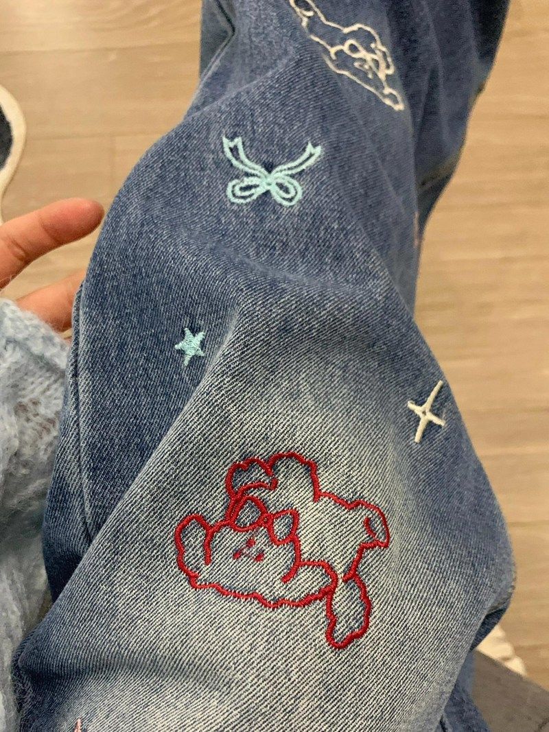 American Retro Style Embroidered Blue Straight-Leg Jeans for Women, 2026 Spring and Autumn Loose Casual Wide-Leg Pants Trendy
