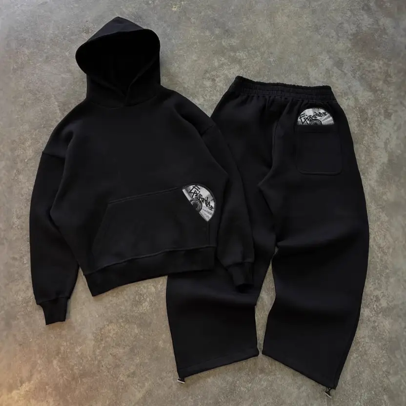 Cross-Border Hooded Pullover Sweatshirt Set High Street Hip-Hop Heavy-Duty Pattern Embroidery Loose Casual Sweatpants Set