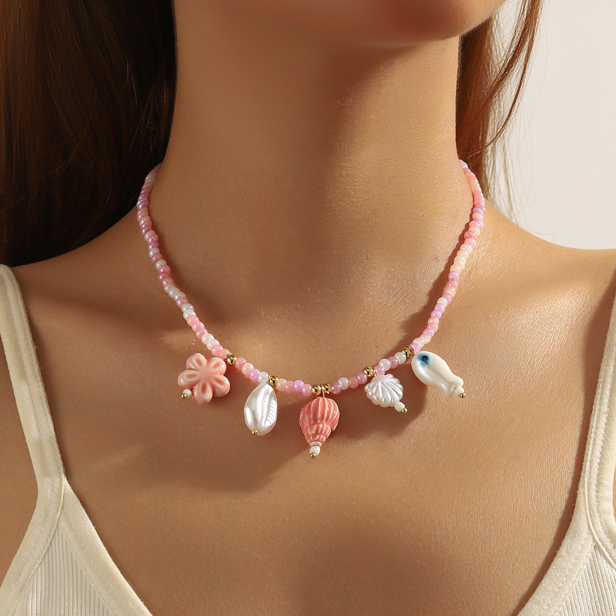 Cross-Border Popular Jewelry Summer Bohemian Colorful Rope Braided Necklace Shell Starfish Ceramic Fish Pendant Accessories