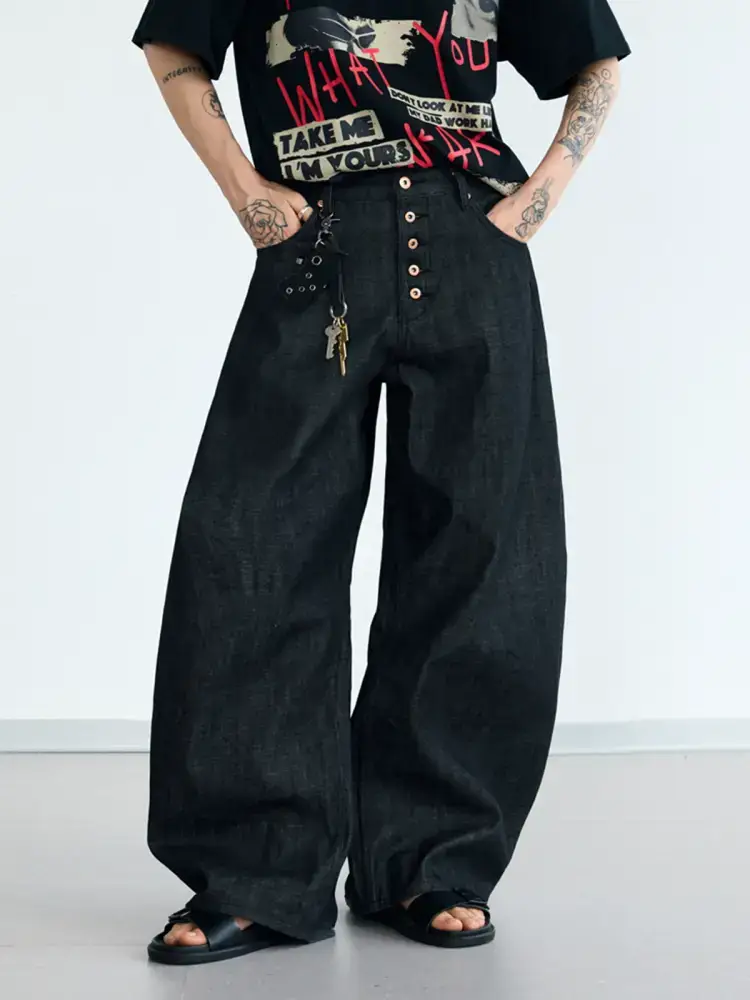 Peoplesense Simple and Versatile Black Raw Denim Wide-Leg Jeans Unisex Baggy Casual Scimitar Pants