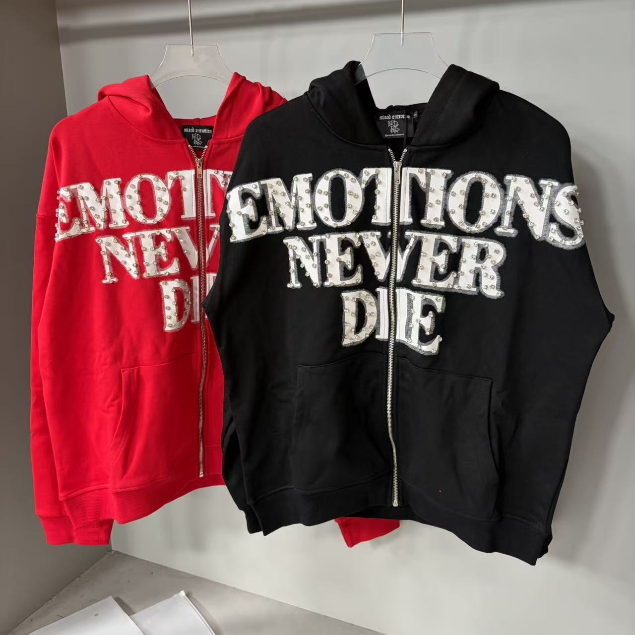 Cross-Border Trendy Brand Mixed Emotion Rhinestone Letter Zipper Hooded Sweatshirt Jacket Unisex Cardigan Top Trendy