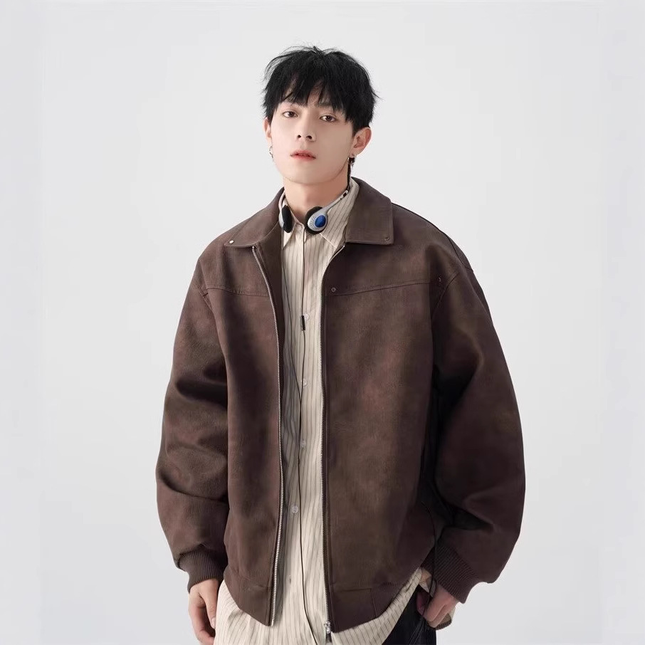 American Style Casual Solid Color High-grade Leather Jacket Men's Spring and Autumn Loose Puleather Retro Lapel Motorcycle Jacket Top