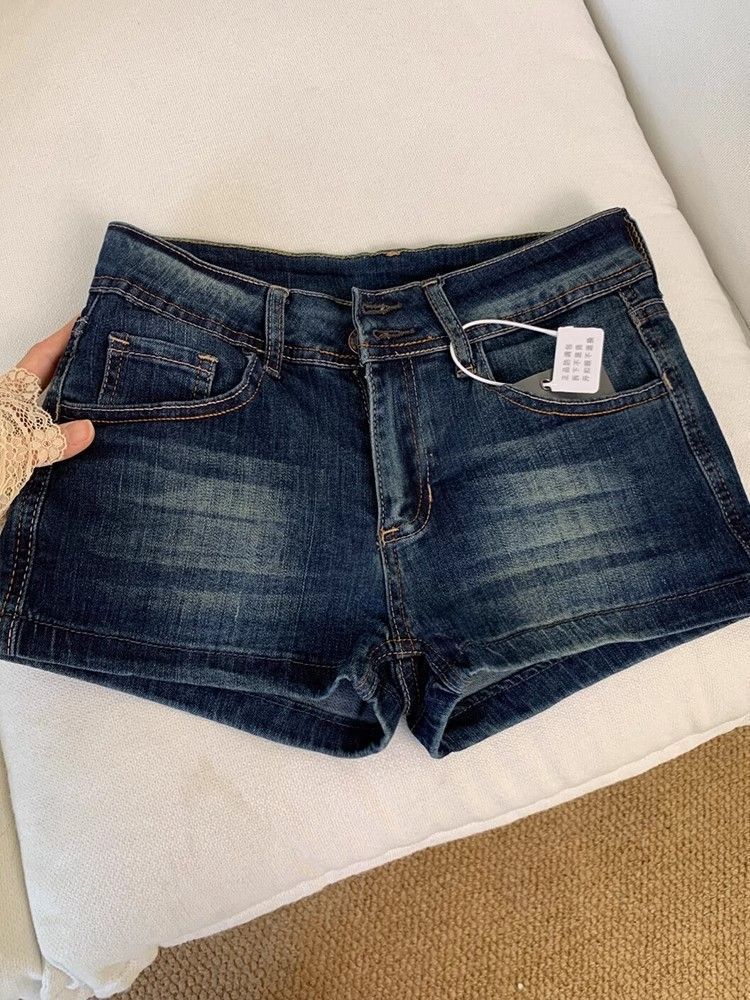 Petite American-Style Spicy Girl Low-Waist Denim Shorts for Women, Summer Dark Blue Versatile Slim-Fit Hip-Lifting A-Line Hot Pants