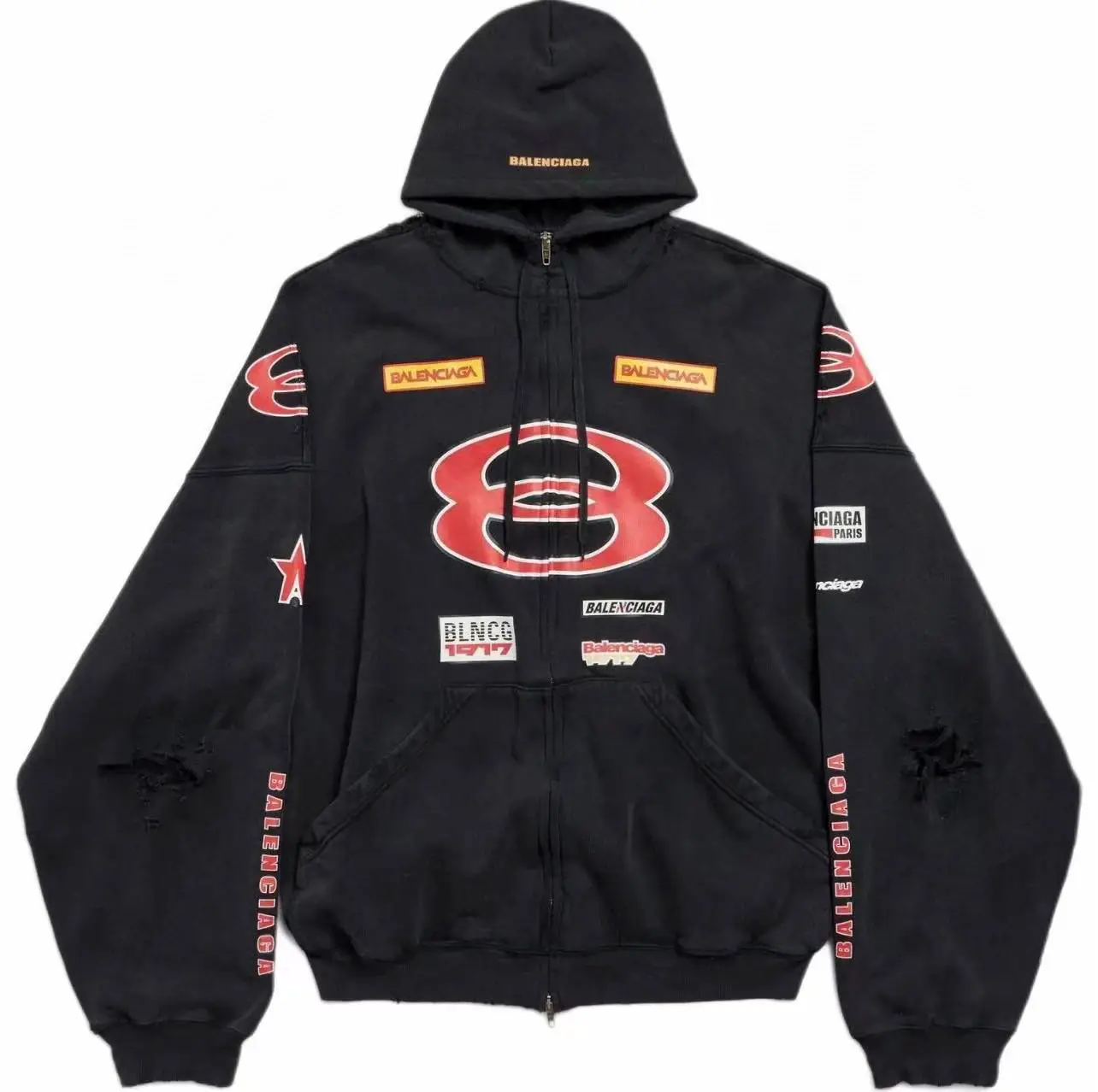 细节图【品质】BALENCI*GA/巴黎.25ss最新款.巴黎双环LOGO组合赛车服系列多位印花,水洗多位磨烂做旧拉链开衫连帽卫衣