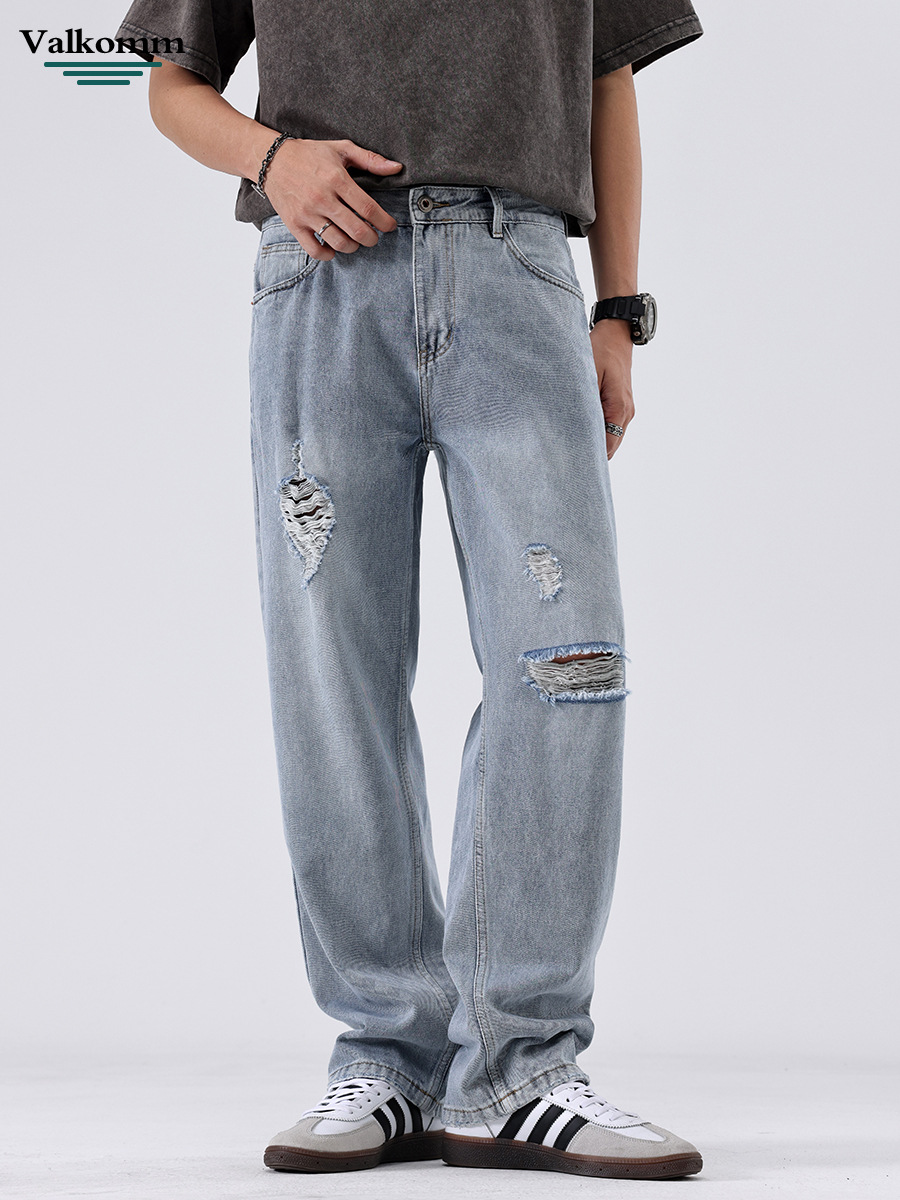Laike Men's American High Street Summer New Denim Jeans Men's Loose Ripped Trendy Men's Straight Long Pants