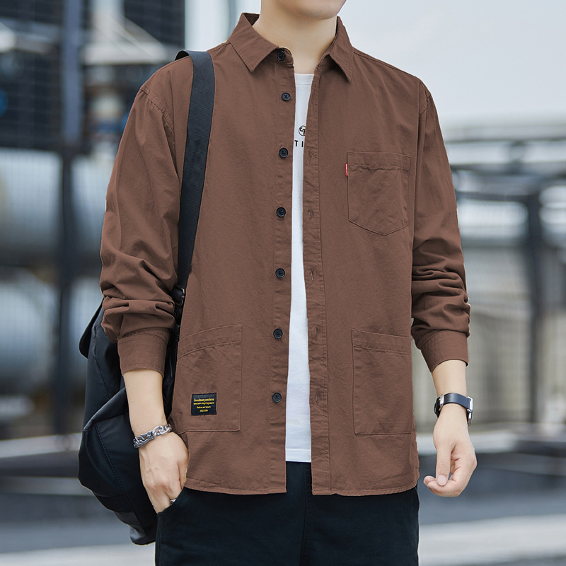 Pure Cotton Men's Long-Sleeved Shirt Solid Color Multi-Flap Pocket Pants Lapel Jacket Spring & Fall New Top Casual Versatile Men's Shirt