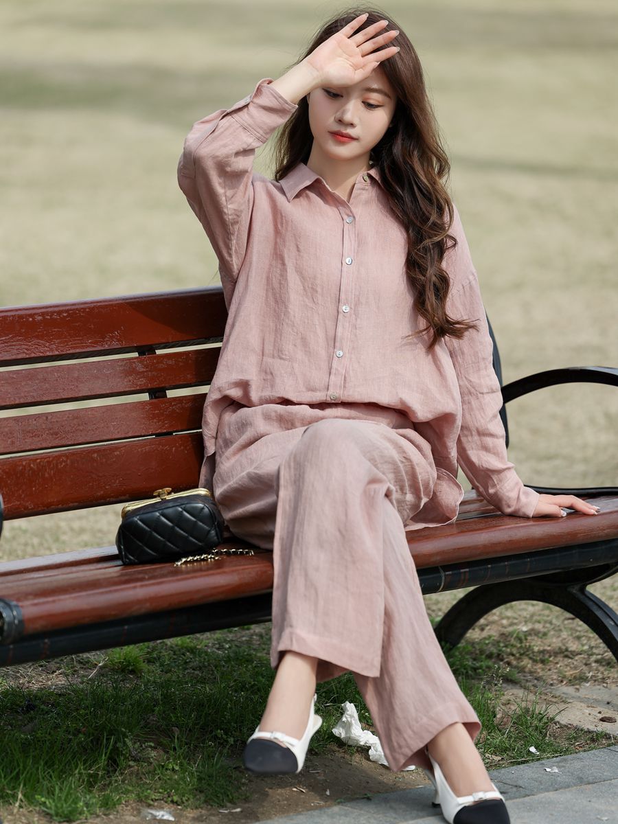 Spring and Summer New Linen Suit Women's Two-Piece Shirt Long-Sleeved Retro Solid Color Sun Protection Top Zen Japanese Women's Clothing