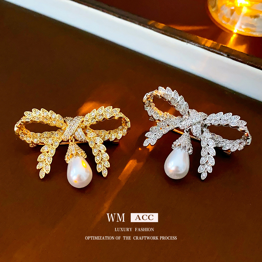 Real Gold Plated Bow Pearl Brooch French Vintage All-match Pin Corsage High-end Fashion Accessories