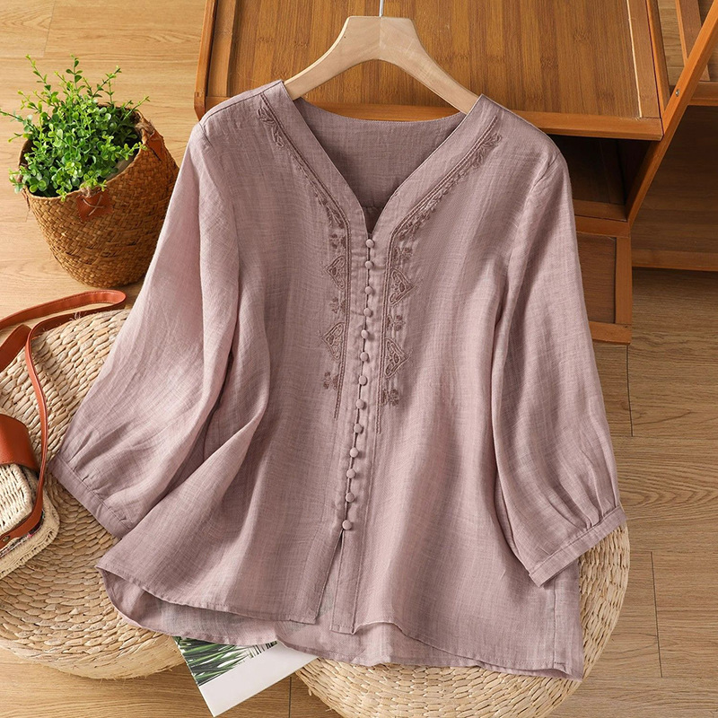 Vintage Artistic Cotton and Linen Embroidered Design Half-Sleeve Top Summer New V-Neck Versatile Loose Tummy-Covering Women's T-Shirt