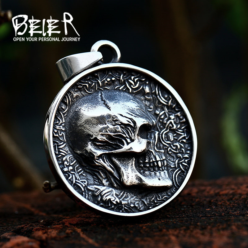 beier new stainless steel casting carved skull pendant cross-border hip hop retro titanium steel round brand necklace jewelry