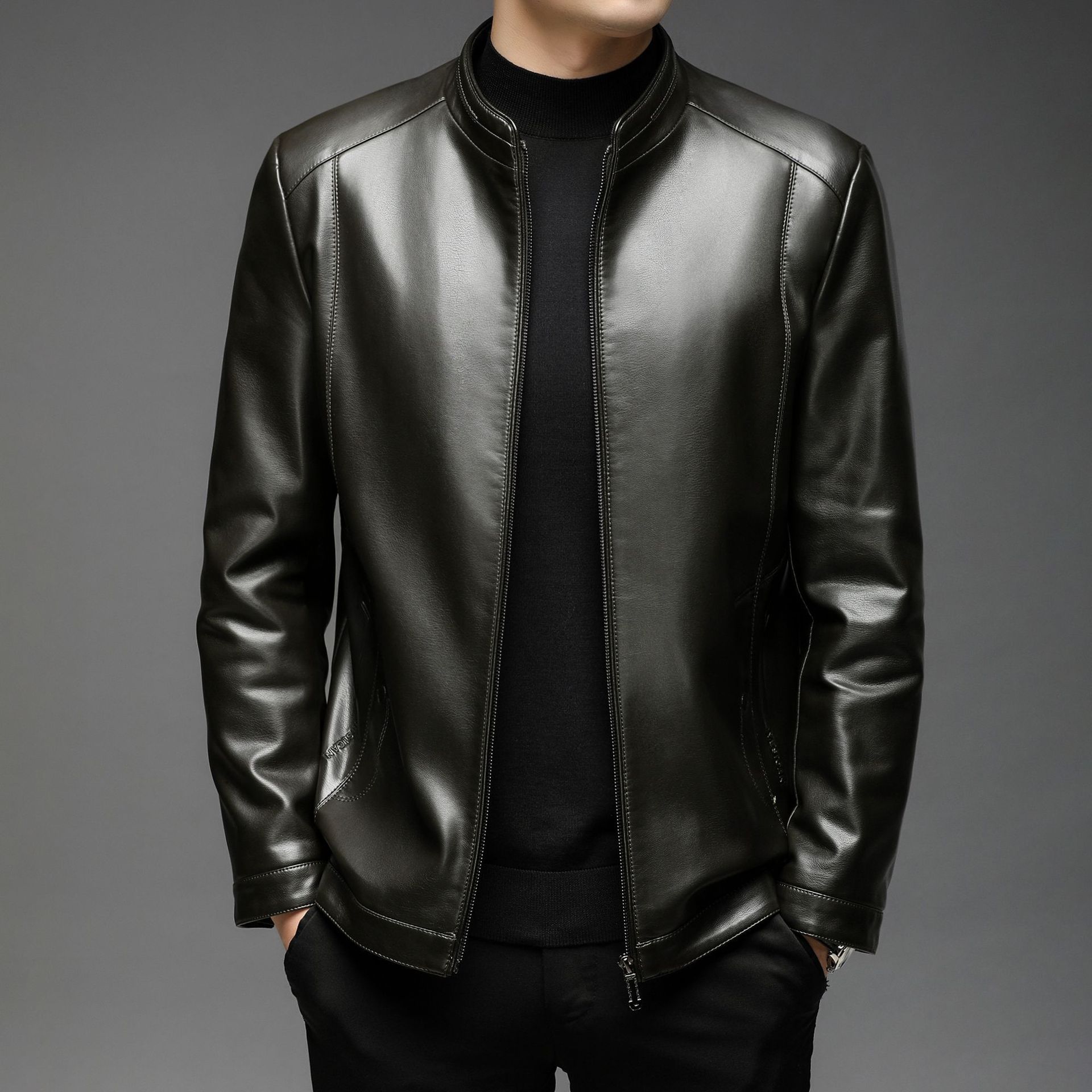 fleece-lined leather men's autumn and winter new stand collar soft leather jacket coat middle-aged men's loose casual leather jacket wholesale