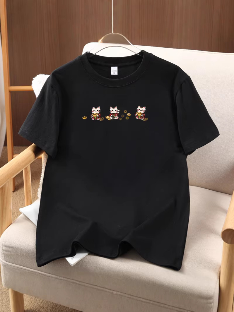 2026 Summer New Style Cute Kitten Printed Pure Cotton Short-Sleeve Unisex Loose Fashion Plus-Size Casual Short-Sleeve