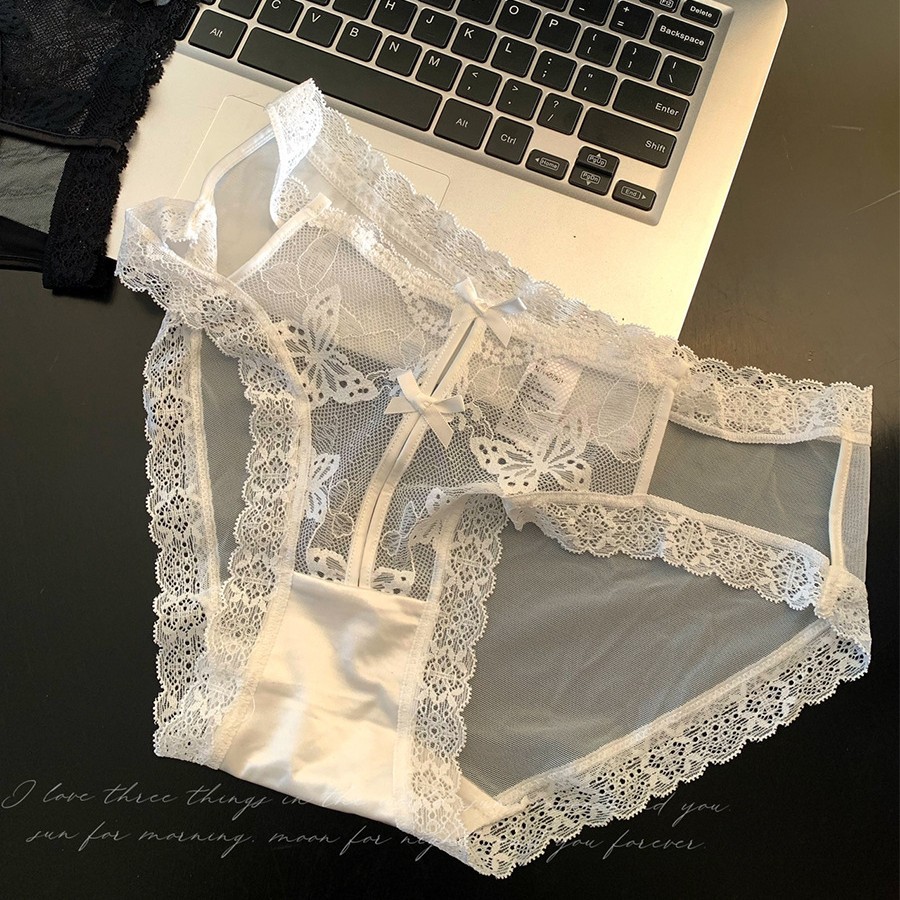 Vintage Pure Desire Lace Underwear Satin Lace Sexy Mesh Girls' Underwear Medium Low Waist Hip Cotton Crotch Breathable