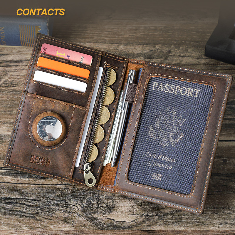 Black Angel Retro Crazy Horse Leather RFID Anti-theft Brush ID Bag Airtag Bit Family Couple Travel Passbook Bag