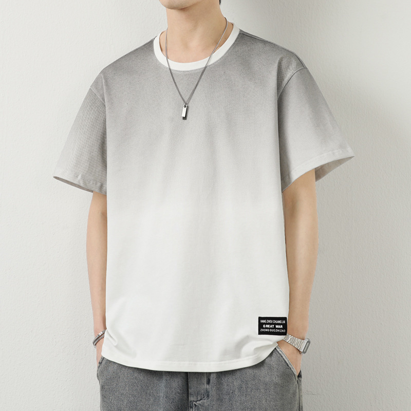 New Summer Men's Trendy Loose Clothing Trendy Brand Handsome Short-Sleeved T-Shirt Round Neck Gradient Color Cotton T-Shirt Men's Tops
