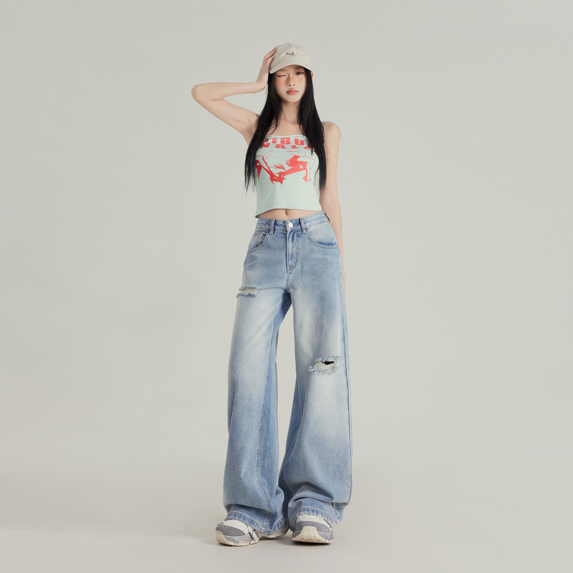 Korean-style Ripped Jeans Women's Spring Loose Slimming High-waist Wide-leg Pants Women's Wide-leg Jeans Women's Ripped Pants