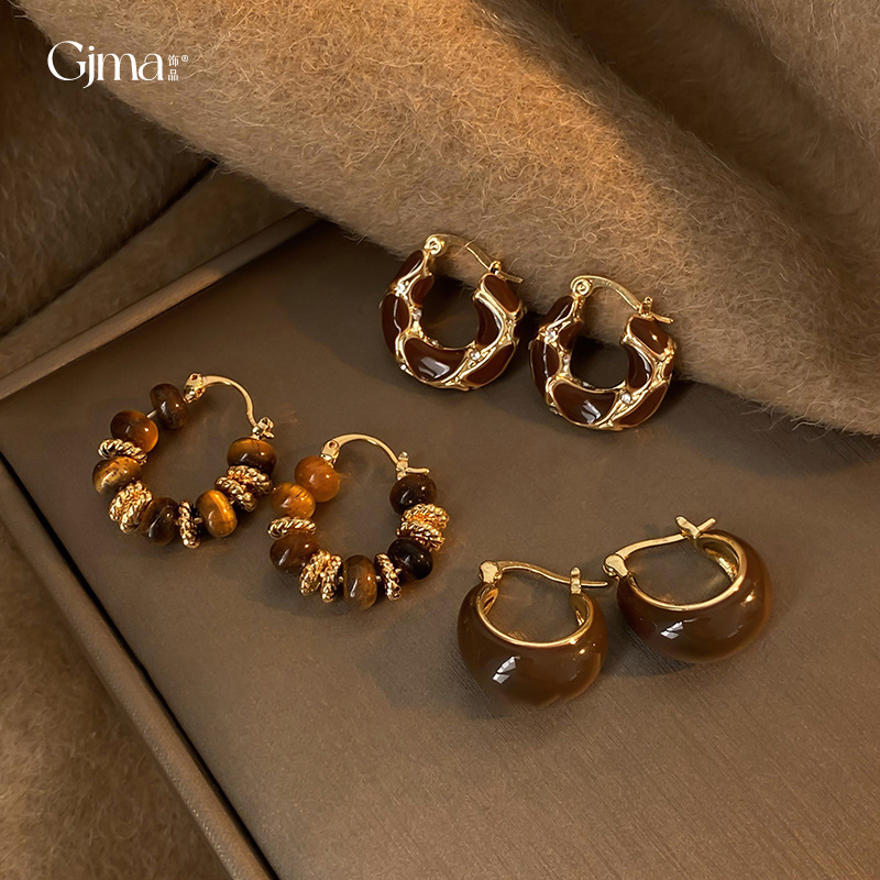 Silver Needle brown Artificial Tiger's Eye Earrings Niche Retro Design Ear Ring Elegant Light Luxury High-end Ear Accessories for Women