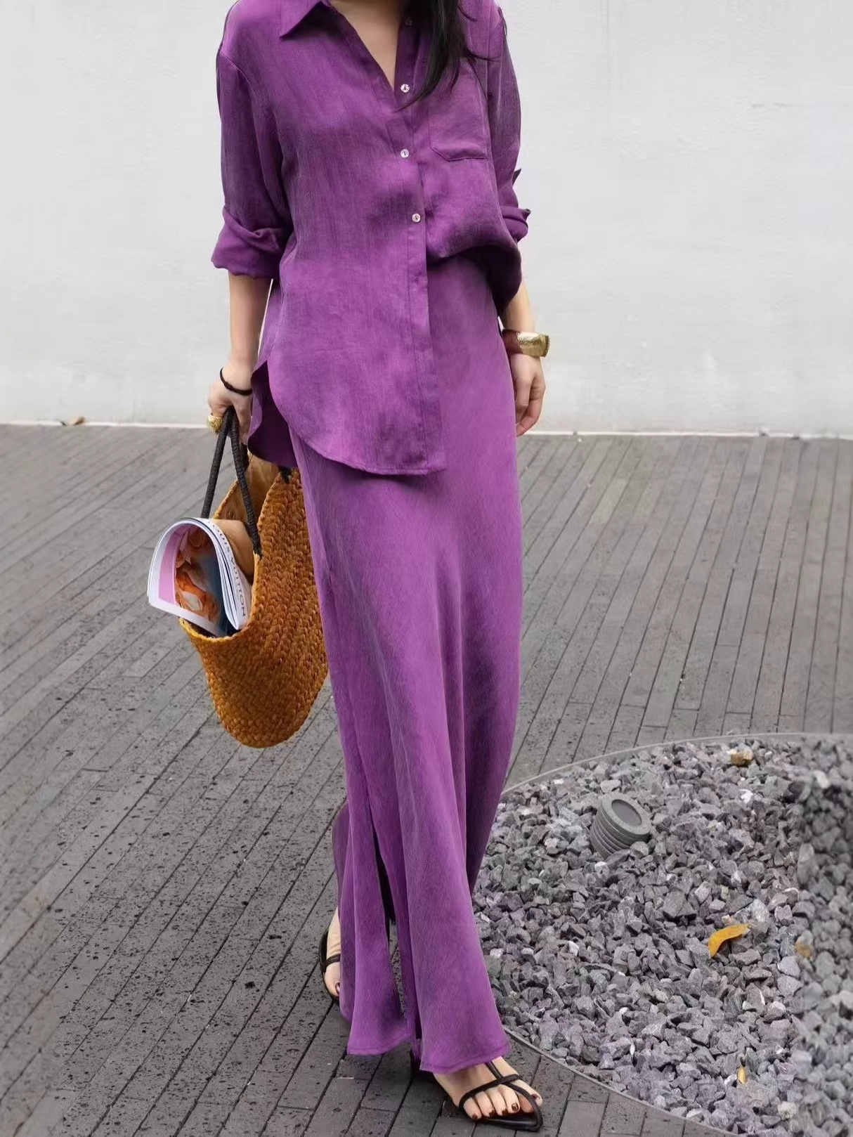 Old Money Style Fashion Set with a High-End Feel, Copper Ammonia Silk Loose Shirt and Slit Skirt, Casual Two-Piece Set