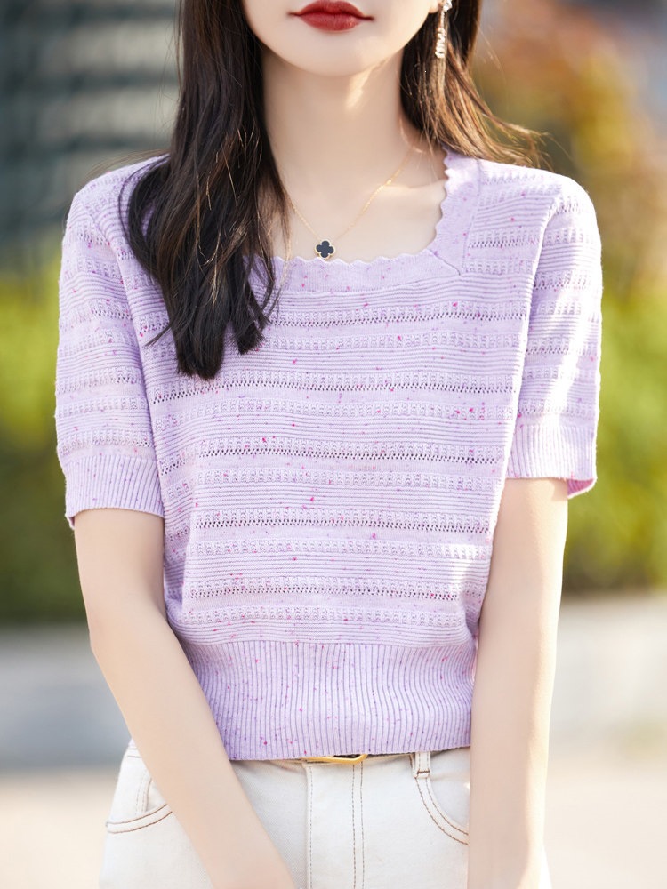 Sweet and Youthful~ French-Style Square-Neck Tencel Knit Short-Sleeve Women's Trendy Youthful Colorful Yarn T-Shirt, Slim-Fit Top for Summer