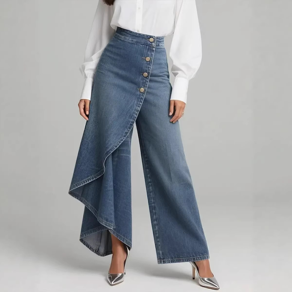 2026 New Amazon Independent Site Long Hem Solid Color Fashion Casual Genuine Denim Buttoned Loose Women's Pants