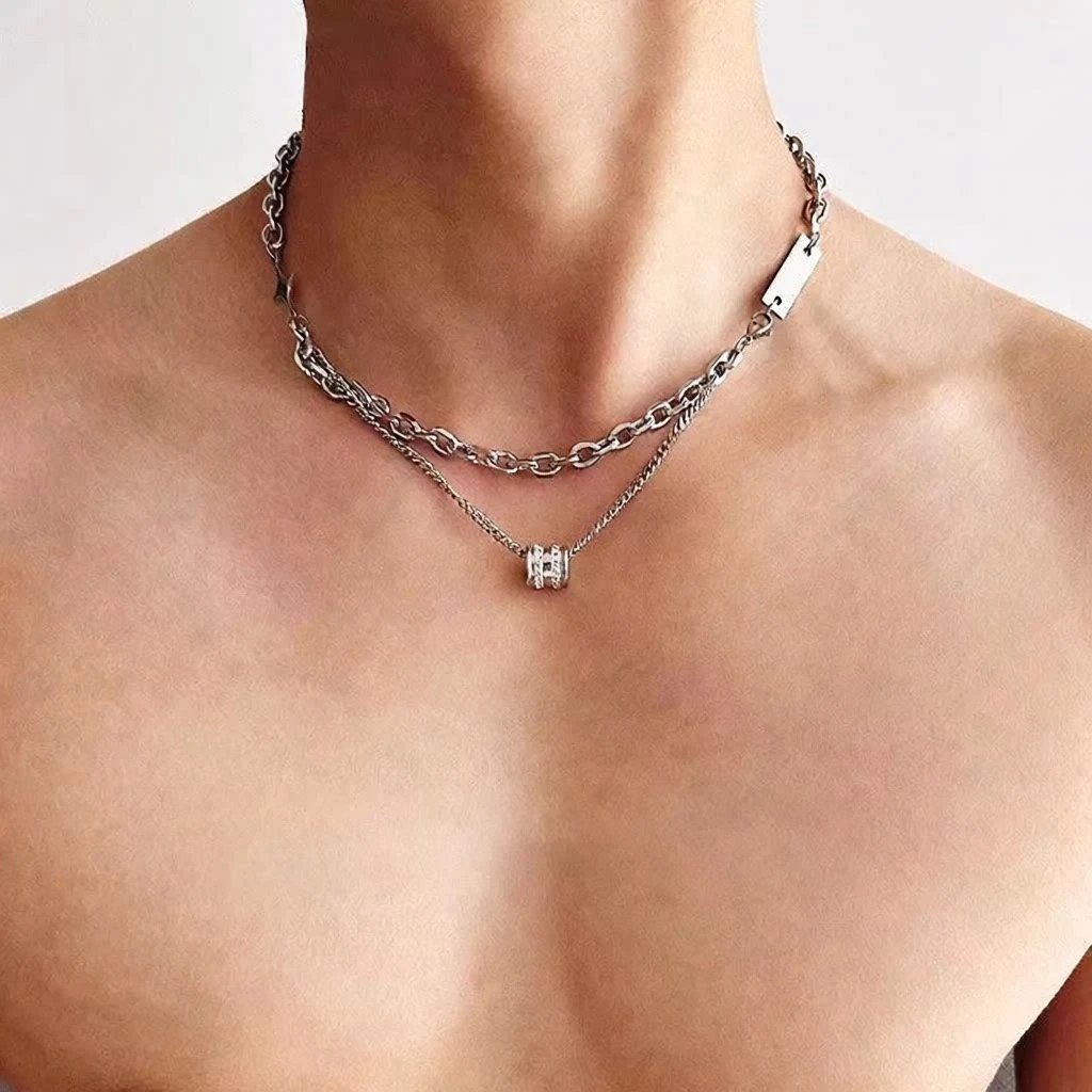 New double-layer, stacked diamond-encrusted lucky-bead titanium steel necklace for men—hip-hop, trendy, cool, with a premium feel; a versatile clavicle chain accessory.