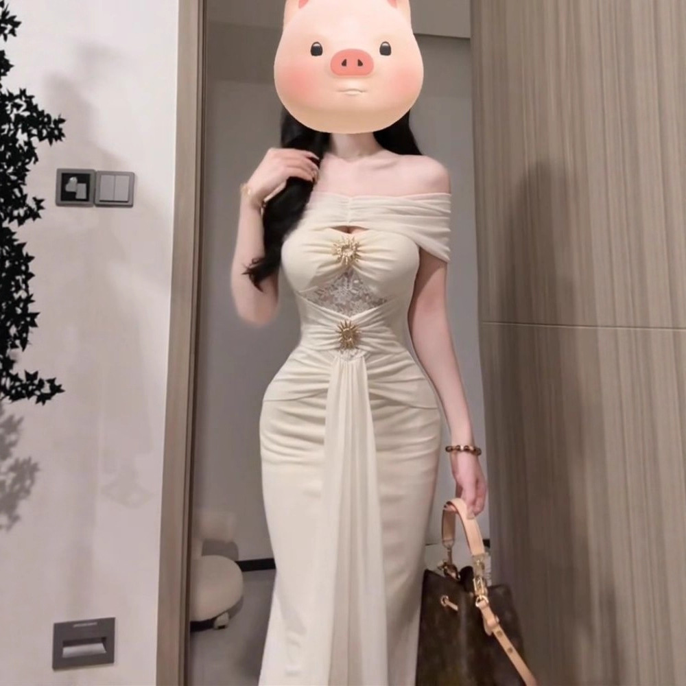 Elegant Socialite Style, Light Luxury Lace Hollow-Out Tube Top Dress, One-Shoulder Slim Fit, Waist-Cinching, Mermaid Bodycon Long Dress, New Summer Style