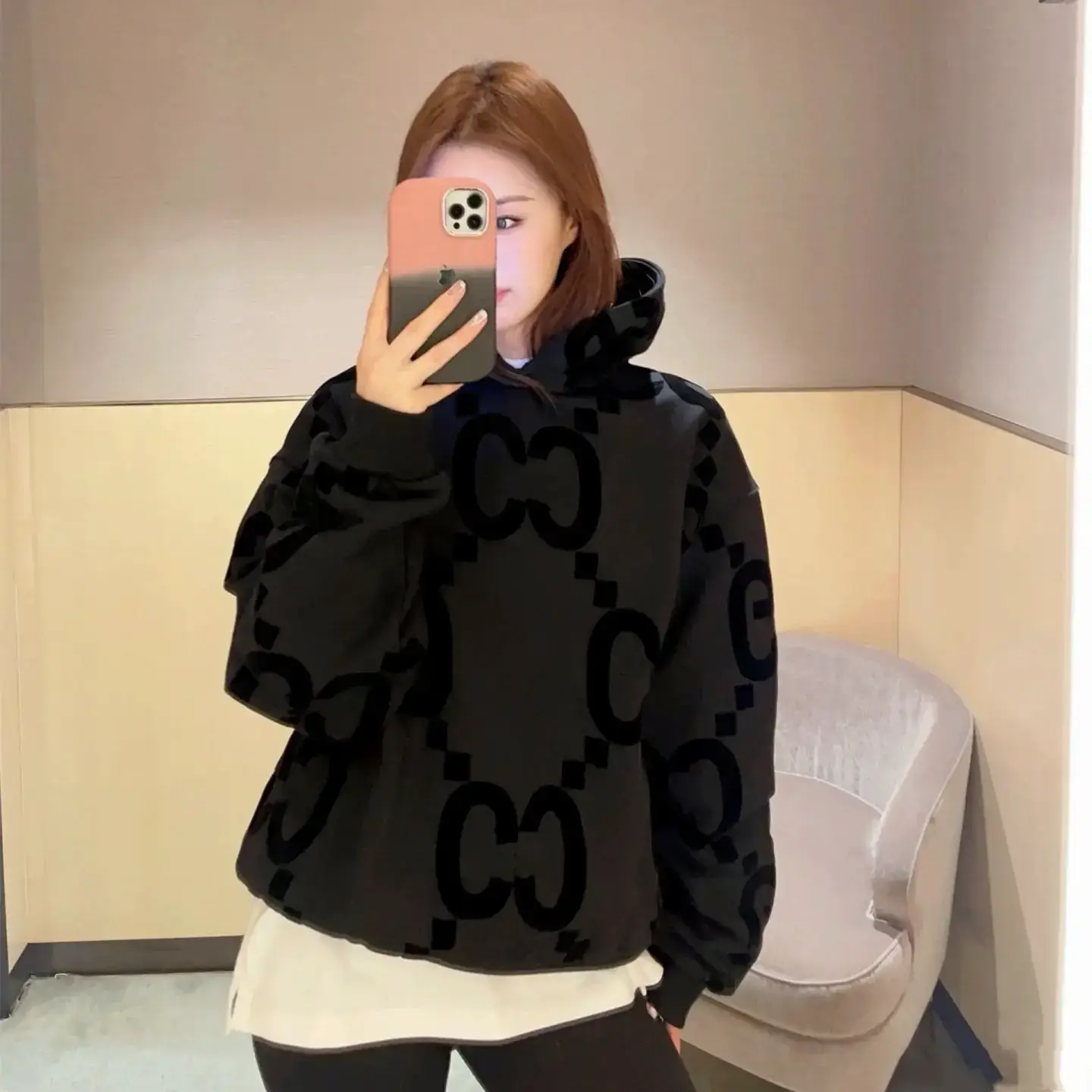 Correct version of the original logo GU home net red classic black double G flocking printing full LOGO hoodie hoodie