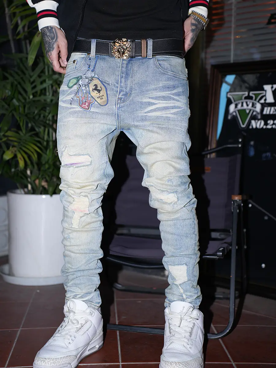 Tgfclub American Street hip hop Rapper Keychain Hole Patch silm Skinny Jeans Washed Denim