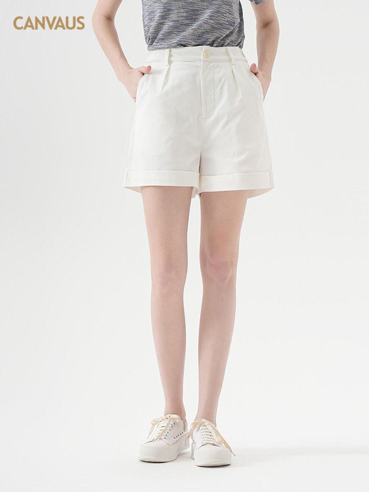 Canvaus Denim Shorts Women's Summer New Cotton Casual Pure Color Simple Mid-Waist Flap Pocket Pants Slimming Look Five-Point Pants