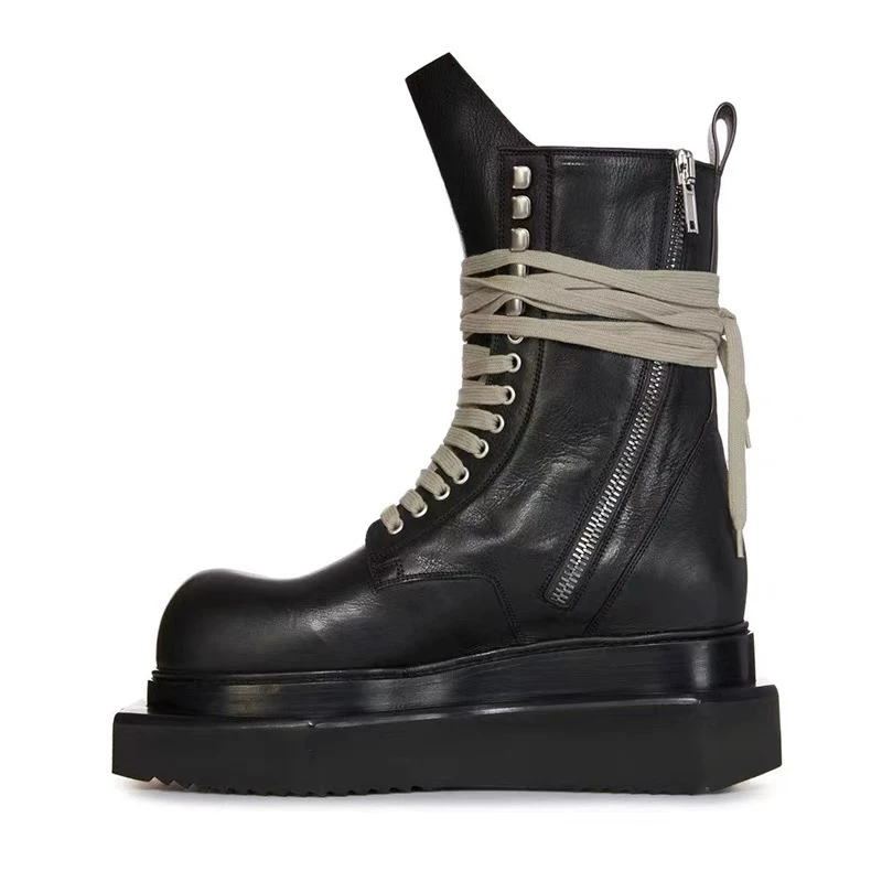 Kangse RO black thick sole thick heel Martin boots handsome strap mid tube ro motorcycle boots round toe height increasing short boots trendy