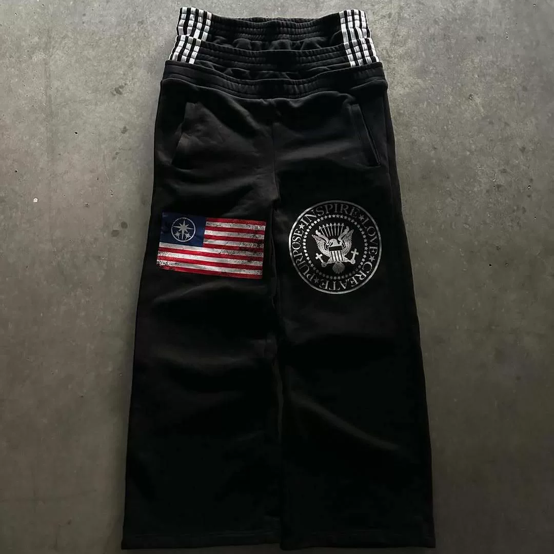 European and American Style Double Waistband New Trendy Brand Long Pants with Letter Embroidery Print Street Style Fashion Wide-Leg Unique Sweatpants
