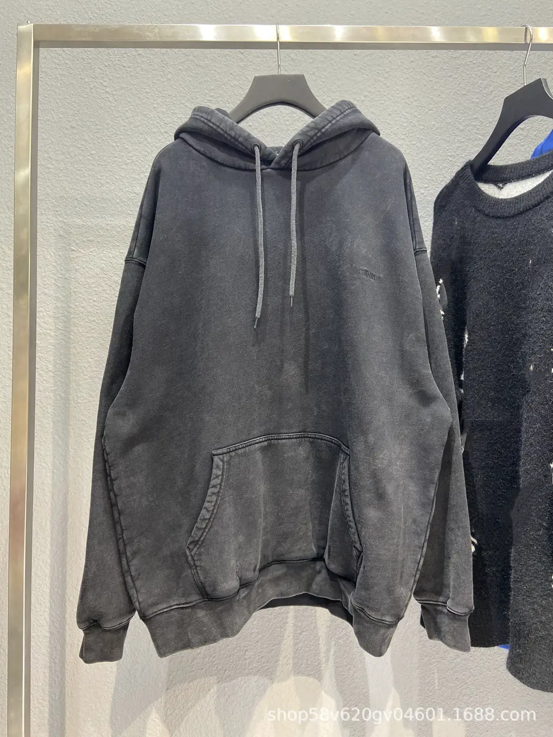 高版本B家前后字母刺绣抓绒帽衫欧美潮牌ins做旧破洞宽松男女卫衣