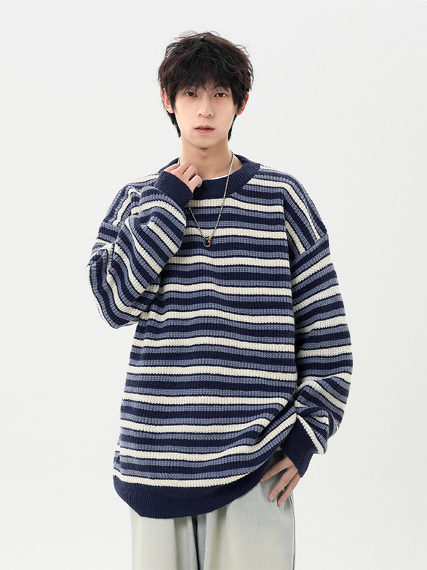 Jianheng Sweater Men's Autumn and Winter Retro Pullover Top Loose Casual Striped Contrast Color Round Neck Sweater Couple Women
