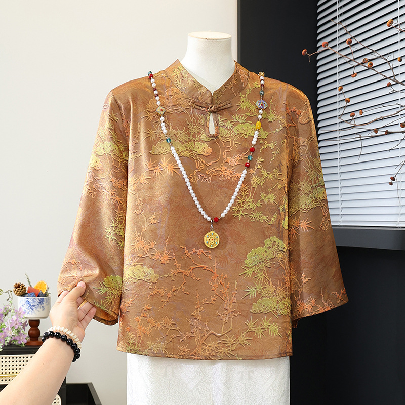 New Chinese-Style National Style Shirt for Middle-Aged Women, Jacquard Mid-Sleeve Jacket, Middle-Aged Women's Clothing, Elegant Spring-Summer Blouse Top