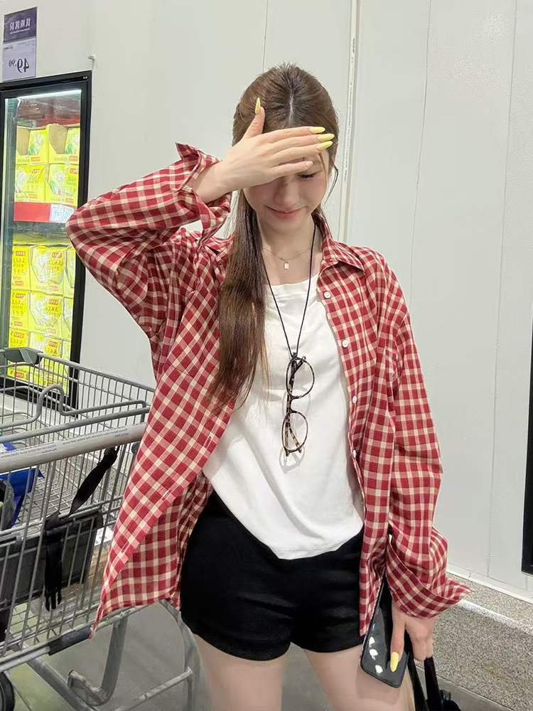 American Style Retro Red Plaid Long-sleeved Shirt Women's Early Spring Outer Shirt Coat Lazy Style Sun-proof Summer Top
