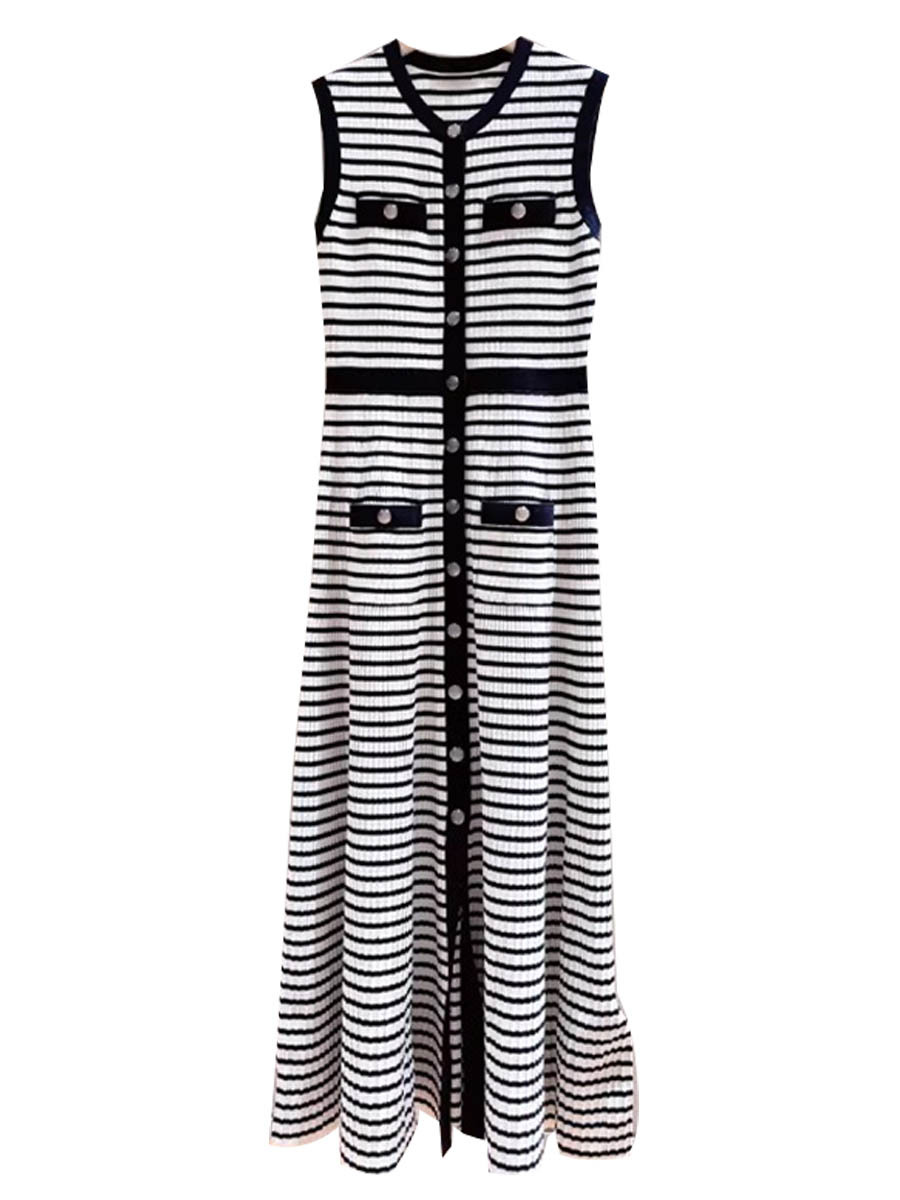 French-Style New Blue and White Striped Casual V-Neck Sleeveless Slim-Fit Women's Dress Long Skirt from m Brand for Spring 2026