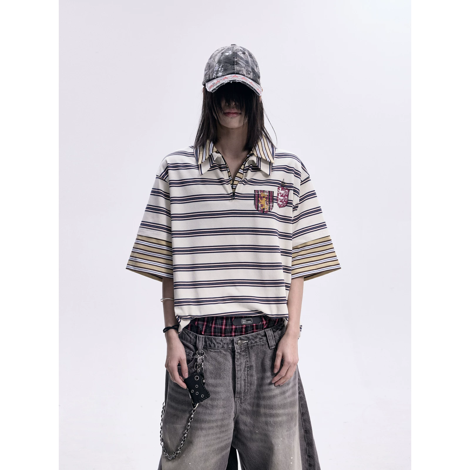 PEOPLESENCE Contrast Striped Cuff Splicing POLO Collar T-shirt Retro Nylon Half Zipper Loose Short Sleeve