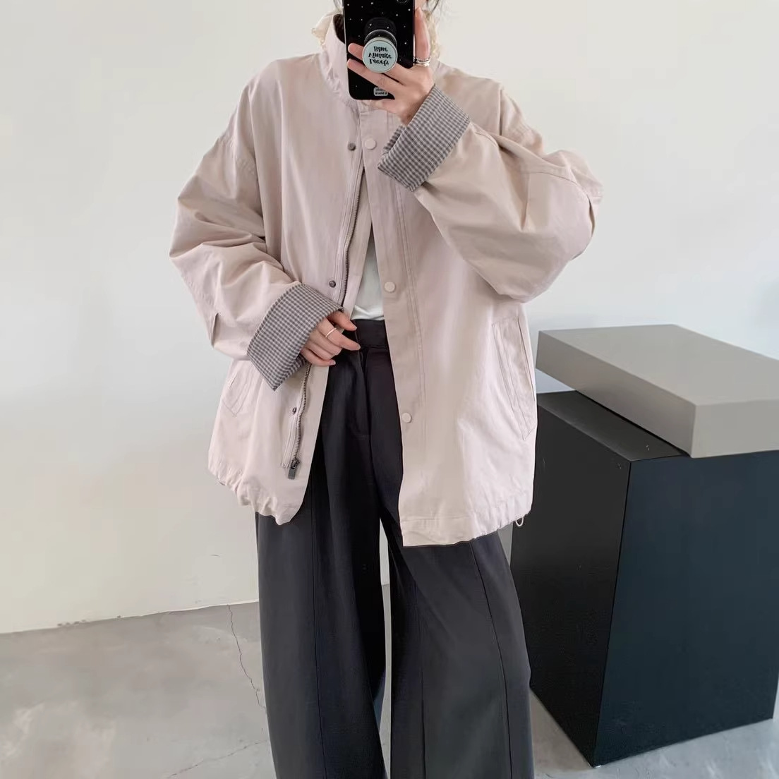 2026 Spring New Fashion Versatile Korean-Style Stand-Collar Casual Loose Pocket Plaid Jacket