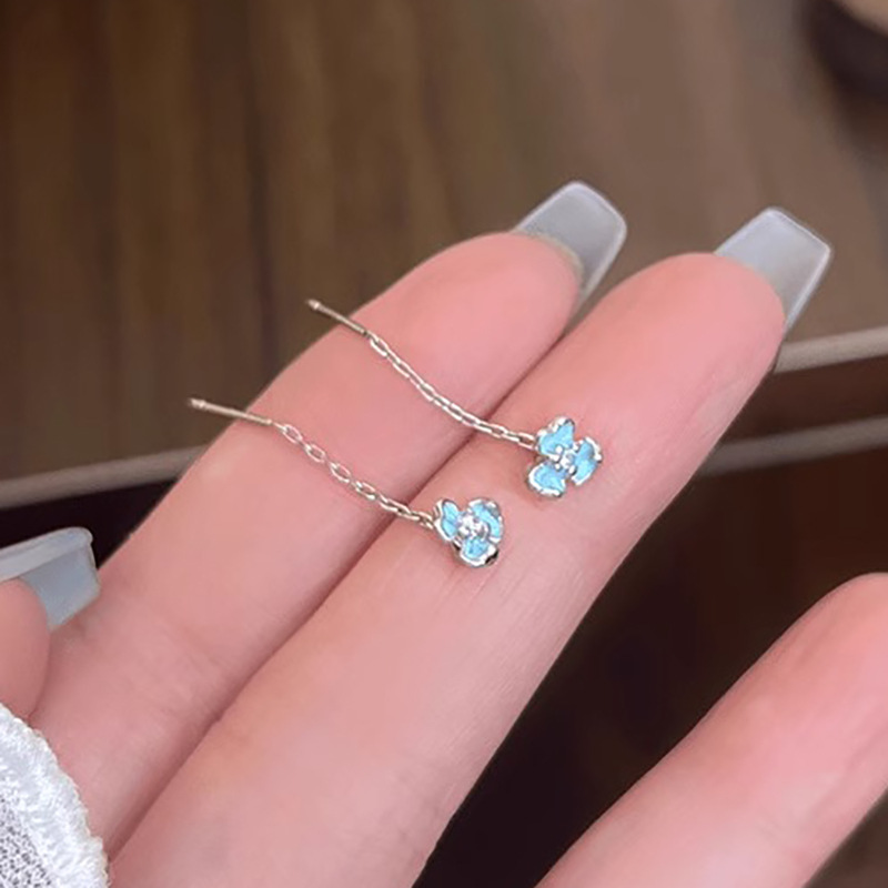 Blue Iris Ear Line Women's Light Luxury High-end All-match Commuter Student Flower Zircon Earrings Earrings for Girlfriend