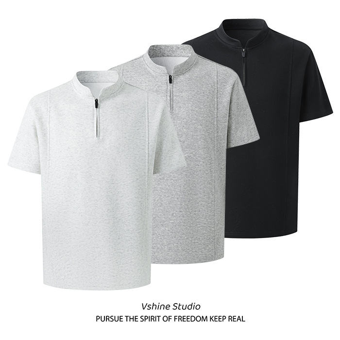 2026 New Cross-Border Men's Heavyweight 280g Zip-Up Stand Collar Design Pullover Short-Sleeve T-Shirt Men's Top