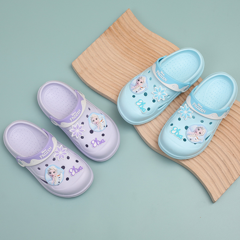 Disney Elsa Princess Cartoon Croc Shoes Children's Beach Shoes Baby Slippers Summer One-Piece Sandals Rain Shoes